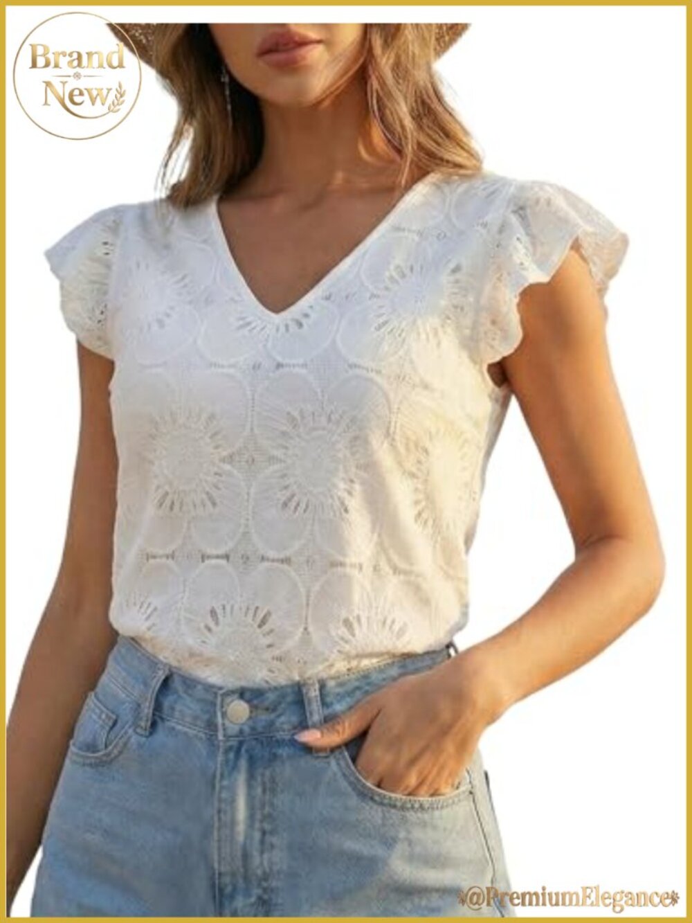 Lace Eyelet V Neck Crochet Short Sleeve Ruffle Blouse